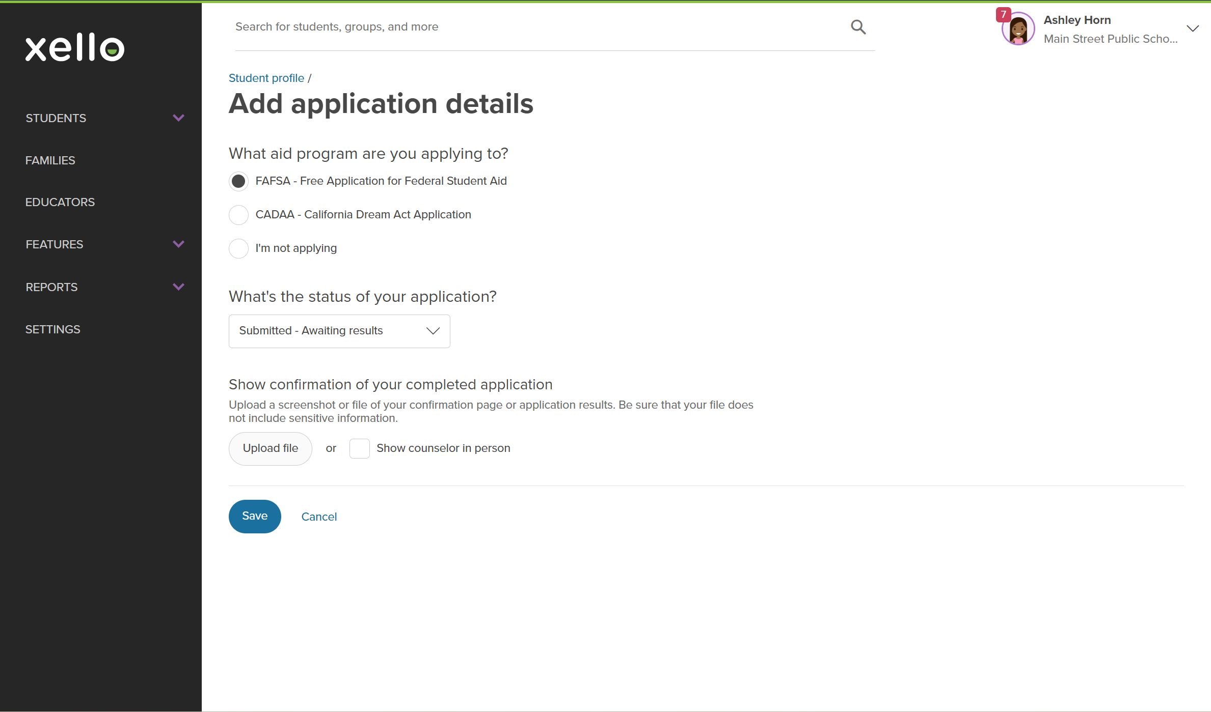 The Add application details page. There's a message to show confirmation of the completed application with the option to upload the file or show in person.